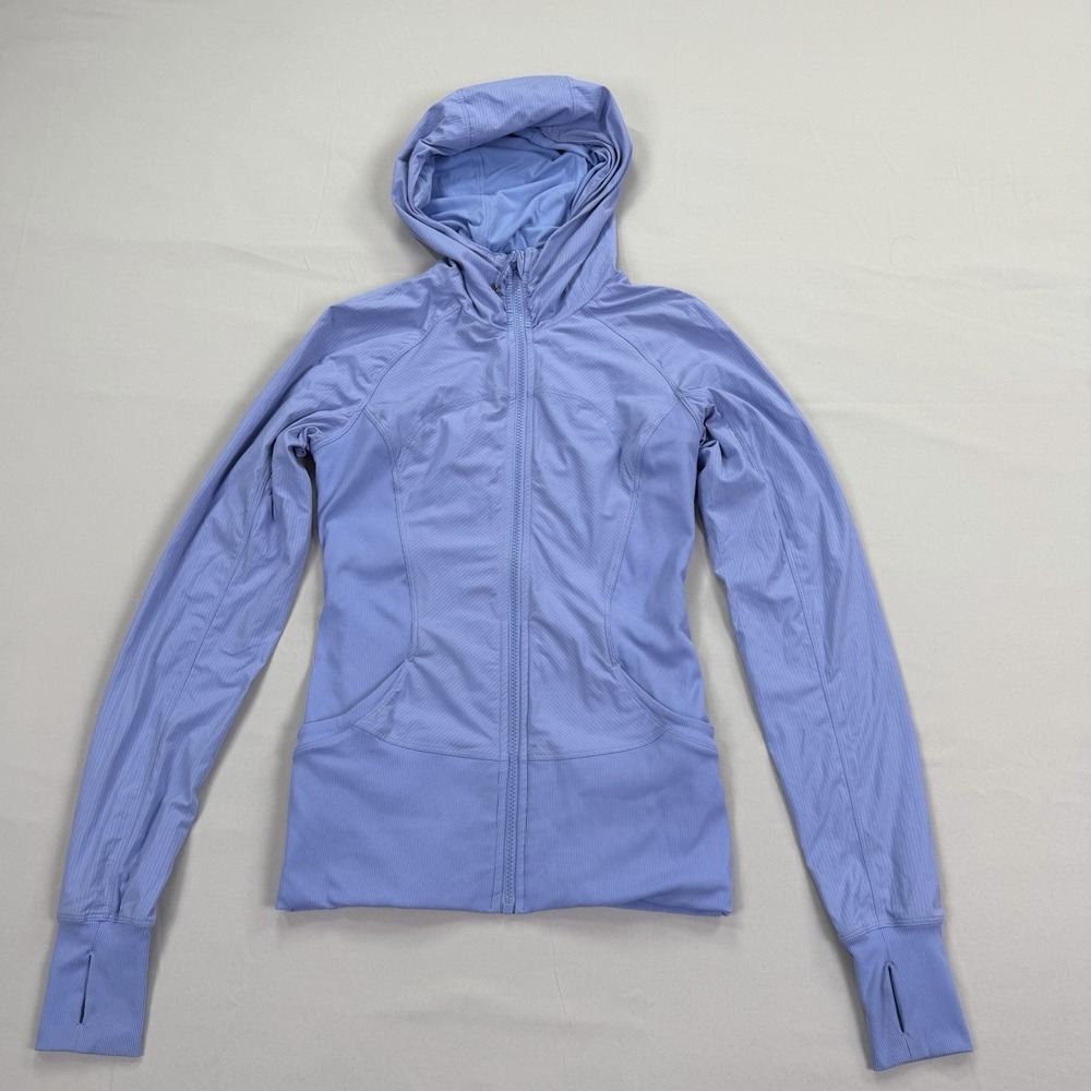 Lululemon Women's Full Zip Hooded Jacket Light Blue Ribbed Thumbholes Athletic 6